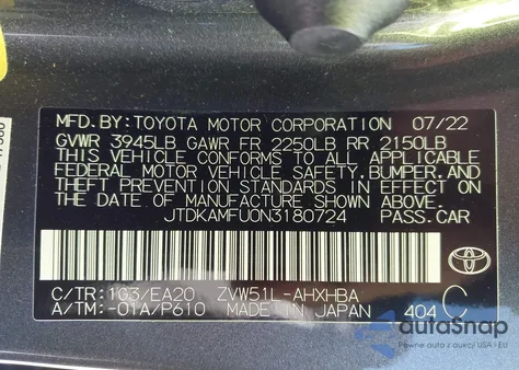2022 Toyota Prius Xle z USA, uszkodzony, nr VIN JTDKAMFU0N3180724